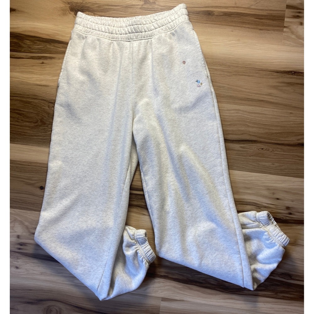 American Eagle Oatmeal Heather Gray Floral Embroidered Fleece Joggers XSmall